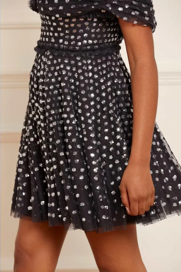 Women Embellished Dresses Needle and Thread Grace Gloss OffShoulder Micro Mini Dress Black
