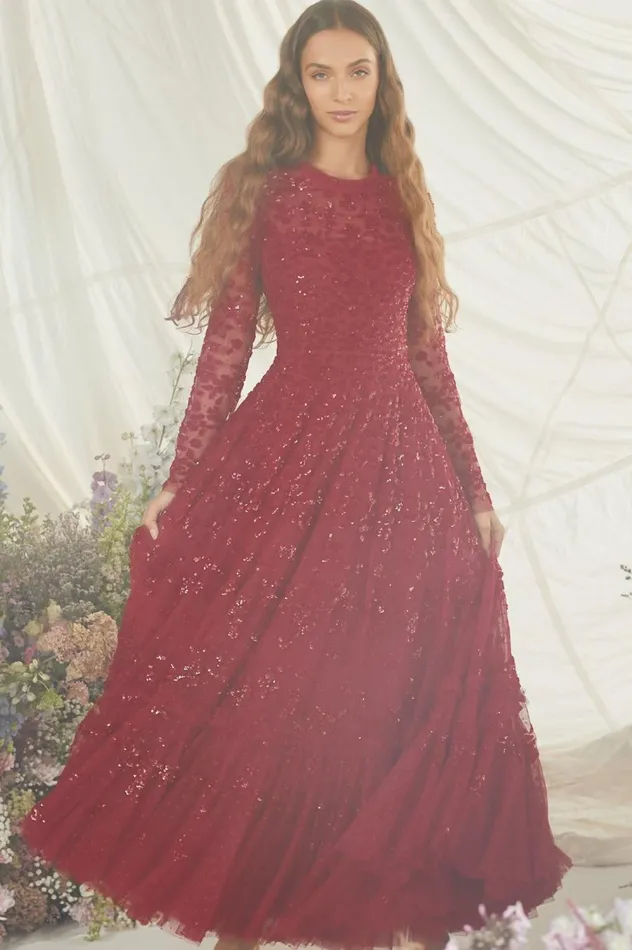 Women Embellished Dresses Needle and Thread Margot Ankle Gown Red