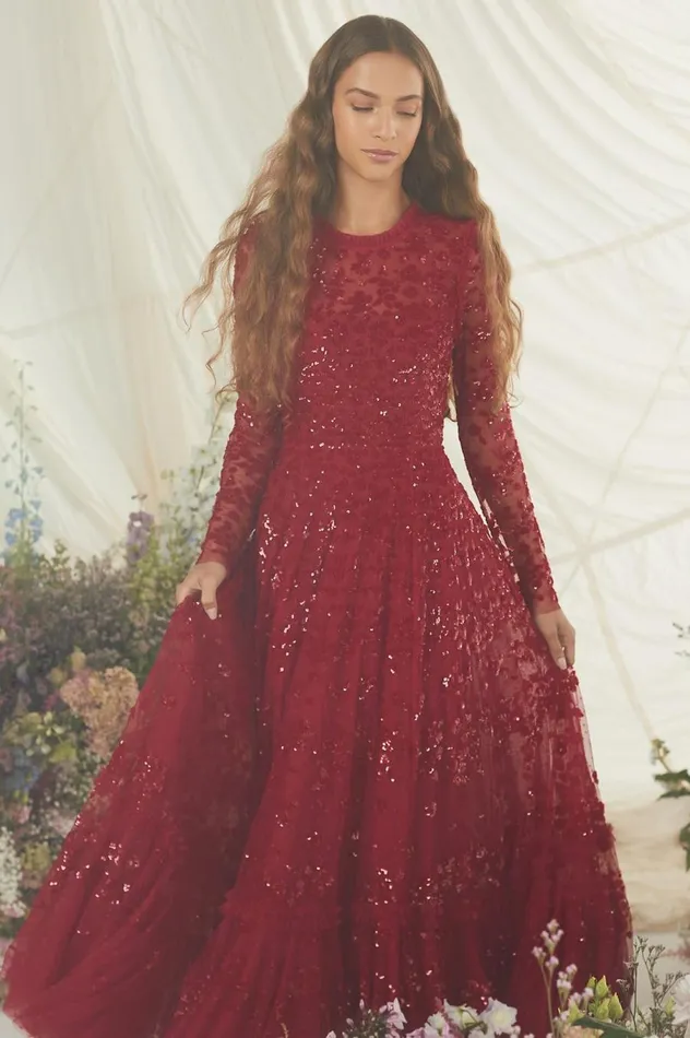 Women Embellished Dresses Needle and Thread Margot Ankle Gown Red