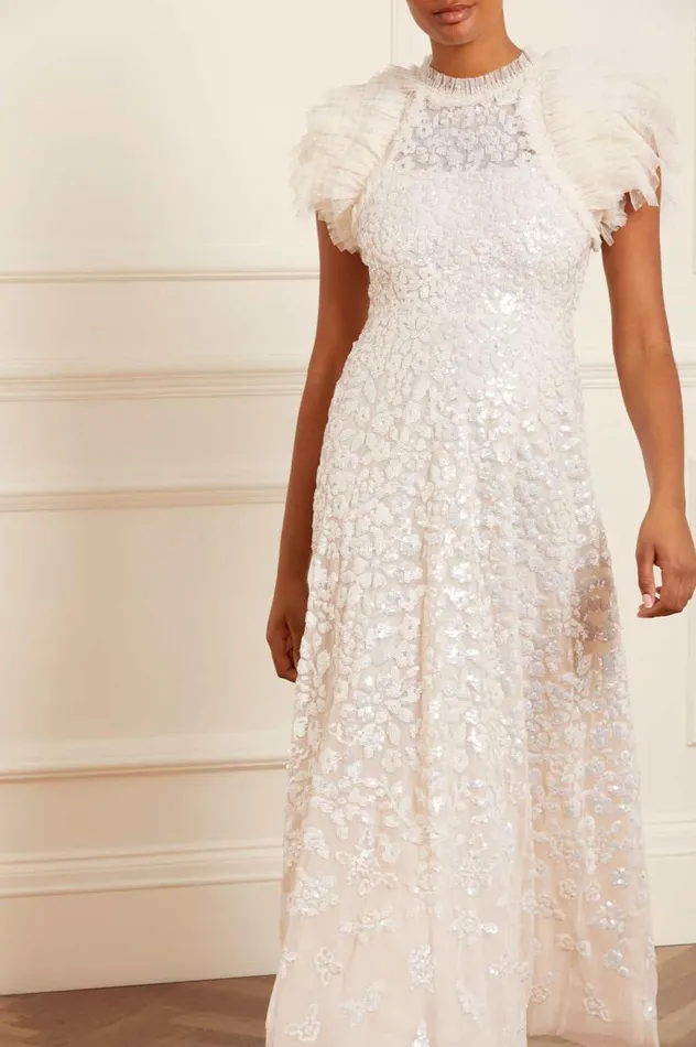 Women Embellished Dresses Needle and Thread Sequin Rose Gloss Ankle Gown Champagne