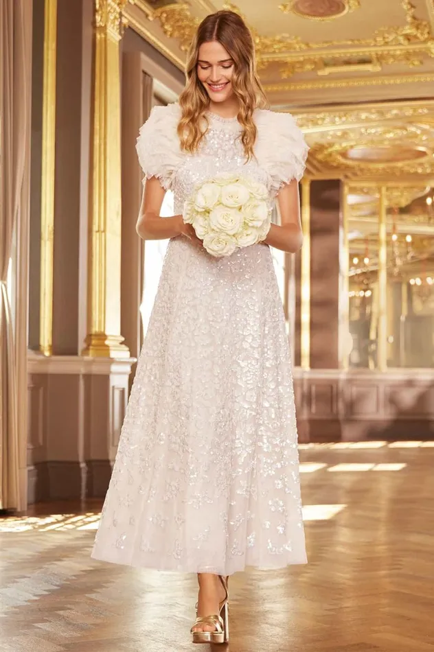 Women Embellished Dresses Needle and Thread Sequin Rose Gloss Ankle Gown Champagne