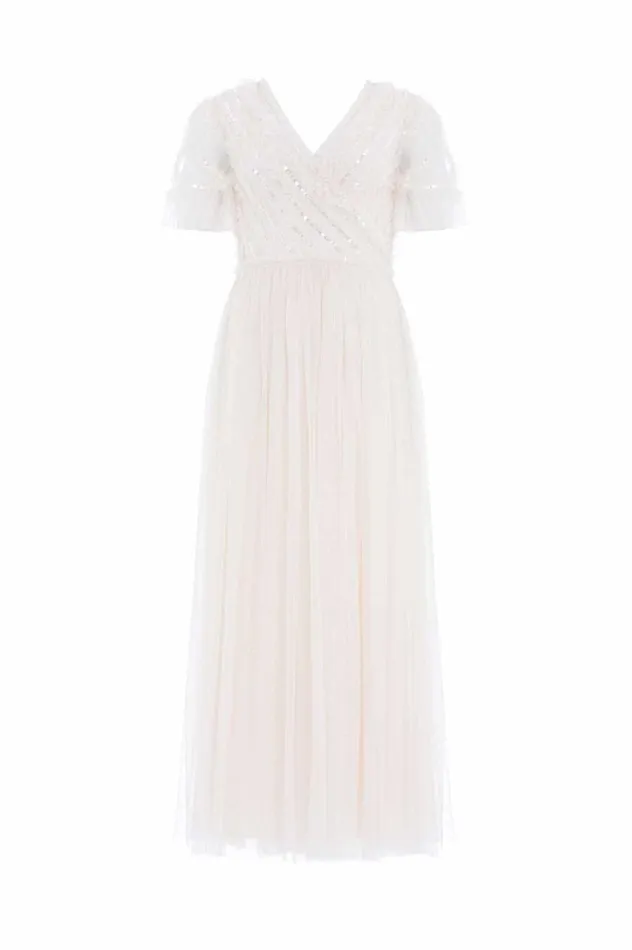 Women Embellished Dresses Needle and Thread Spiral Sequin Bodice VNeck Ankle Gown Champagne