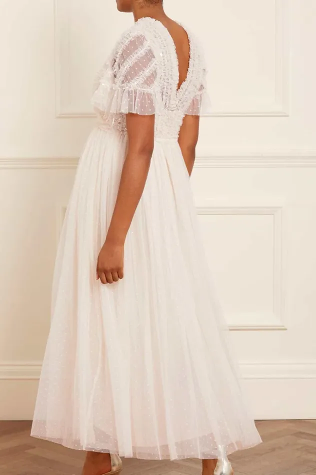 Women Embellished Dresses Needle and Thread Spiral Sequin Bodice VNeck Ankle Gown Champagne