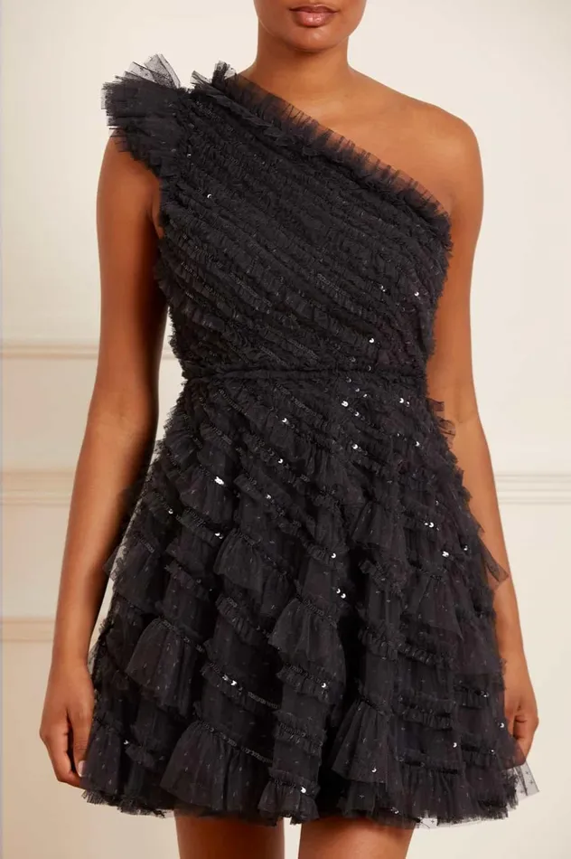 Women Embellished Dresses Needle and Thread Spiral Sequin OneShoulder Micro Mini Dress Black