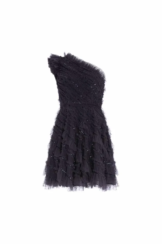 Women Embellished Dresses Needle and Thread Spiral Sequin OneShoulder Micro Mini Dress Black