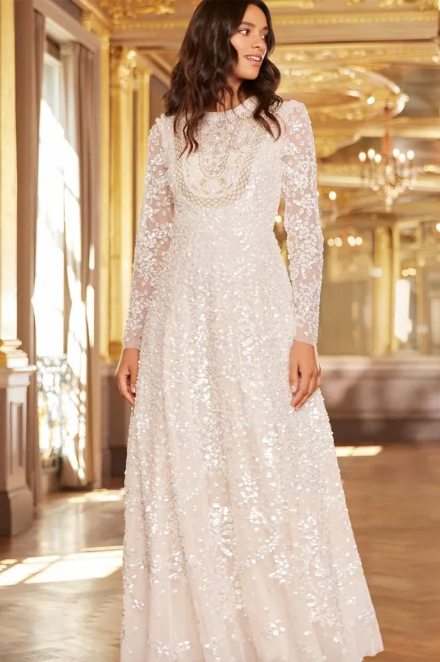 Women Embellished Dresses Needle and Thread Victorian Wreath Gloss Long Sleeve Gown Champagne