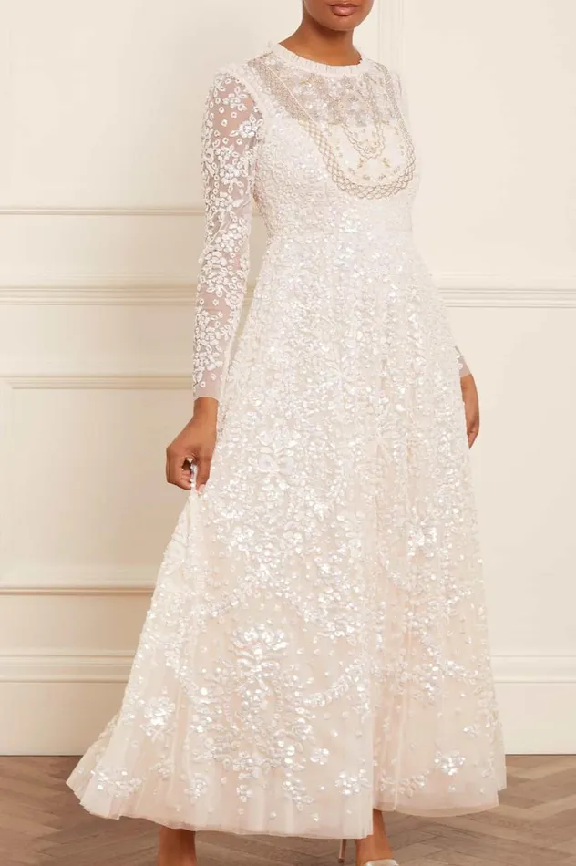 Women Embellished Dresses Needle and Thread Victorian Wreath Gloss Long Sleeve Gown Champagne