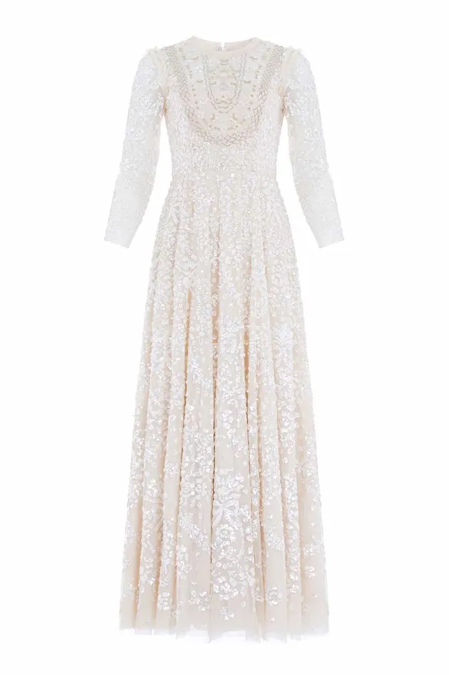 Women Embellished Dresses Needle and Thread Victorian Wreath Gloss Long Sleeve Gown Champagne