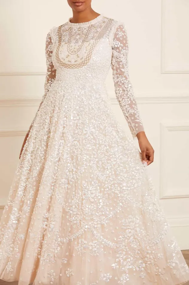 Women Embellished Dresses Needle and Thread Victorian Wreath Gloss Long Sleeve Gown Champagne