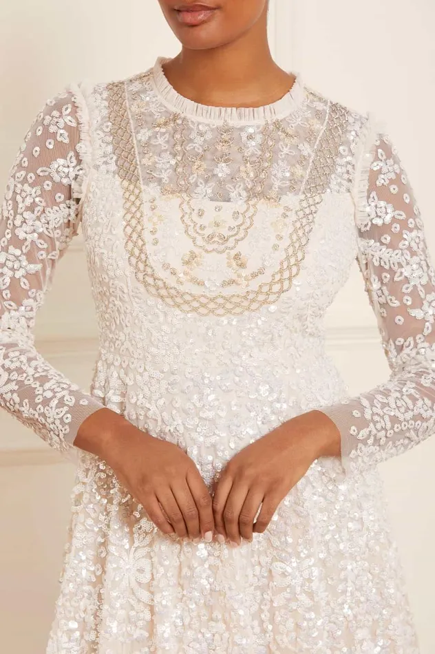 Women Embellished Dresses Needle and Thread Victorian Wreath Gloss Long Sleeve Gown Champagne