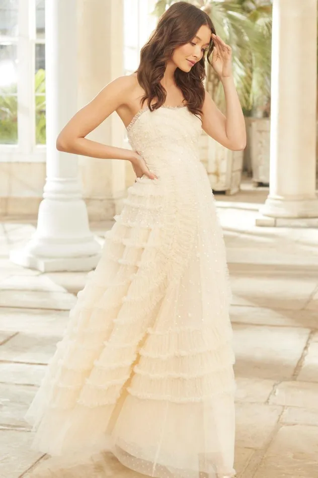 Women Embellished Dresses Needle and Thread Violet Shimmer Strapless Corset Gown Champagne