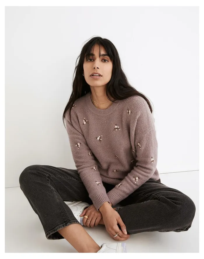 Women Embroidered Cross Stitch Floral Pullover Sweater Heather Lavender Madewell Sweaters