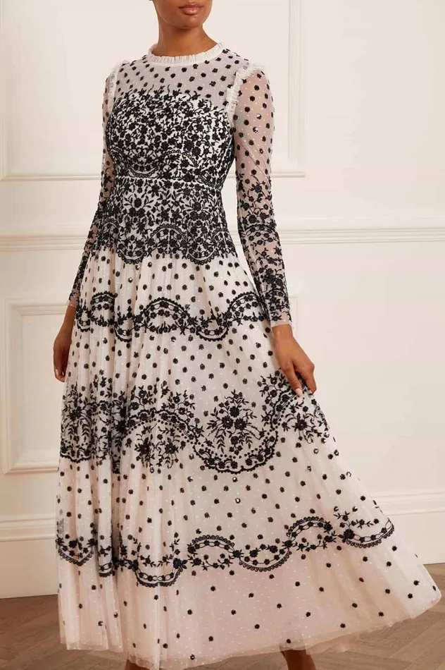 Women Embroidered Dresses Needle and Thread Beatrice Long Sleeve Gown Champagne