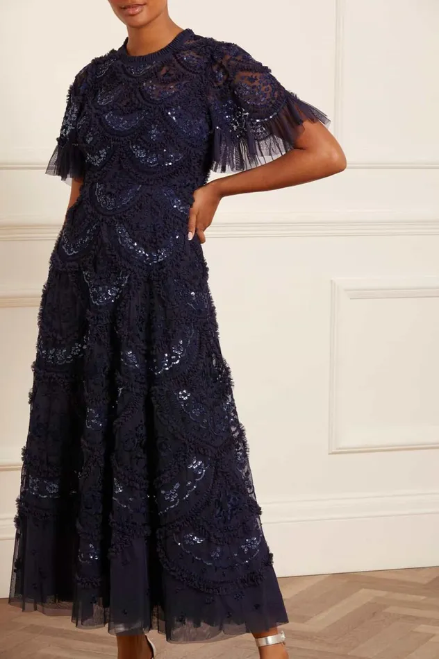 Women Embroidered Dresses Needle and Thread Carmen Ruffle Ankle Gown Blue