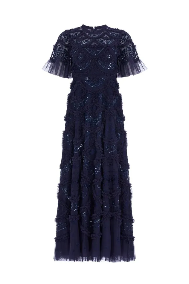 Women Embroidered Dresses Needle and Thread Carmen Ruffle Ankle Gown Blue