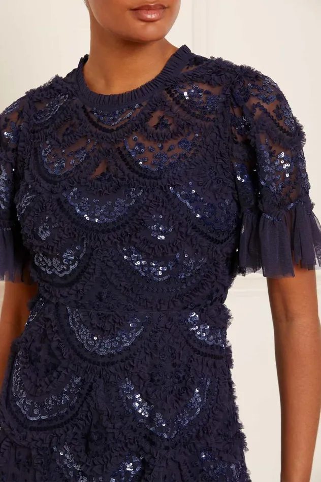 Women Embroidered Dresses Needle and Thread Carmen Ruffle Ankle Gown Blue