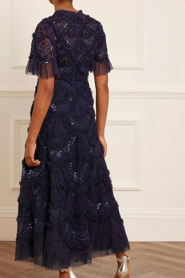 Women Embroidered Dresses Needle and Thread Carmen Ruffle Ankle Gown Blue