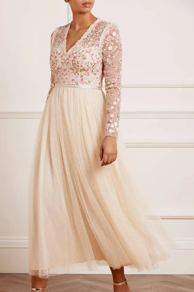 Women Embroidered Dresses Needle and Thread Rosie Lace Bodice Long Sleeve VNeck Ankle Gown Champagne Women Embroidered Dresses Needle and Thread Rosie Lace Bodice Long Sleeve VNeck Ankle Gown Champagne