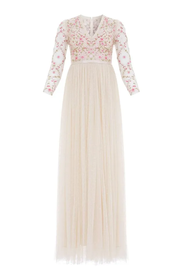 Women Embroidered Dresses Needle and Thread Rosie Lace Bodice Long Sleeve VNeck Ankle Gown Champagne
