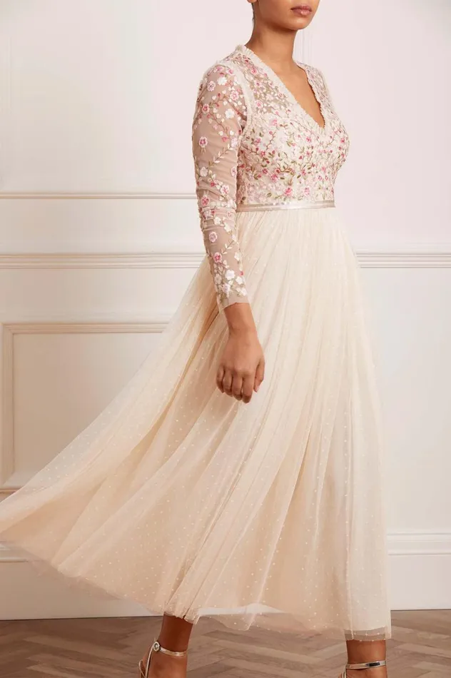 Women Embroidered Dresses Needle and Thread Rosie Lace Bodice Long Sleeve VNeck Ankle Gown Champagne