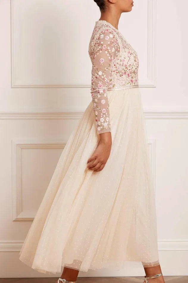 Women Embroidered Dresses Needle and Thread Rosie Lace Bodice Long Sleeve VNeck Ankle Gown Champagne