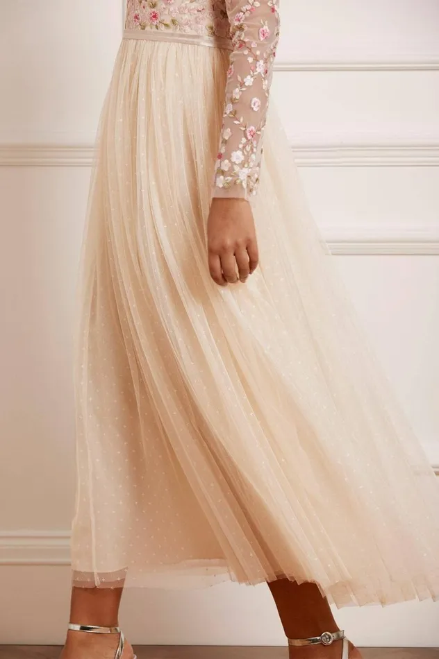 Women Embroidered Dresses Needle and Thread Rosie Lace Bodice Long Sleeve VNeck Ankle Gown Champagne