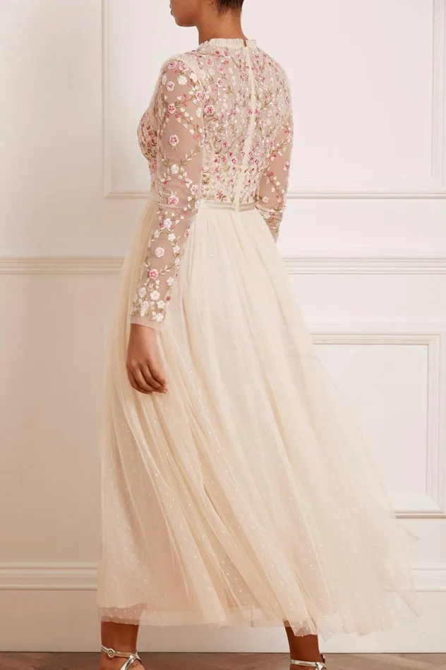 Women Embroidered Dresses Needle and Thread Rosie Lace Bodice Long Sleeve VNeck Ankle Gown Champagne