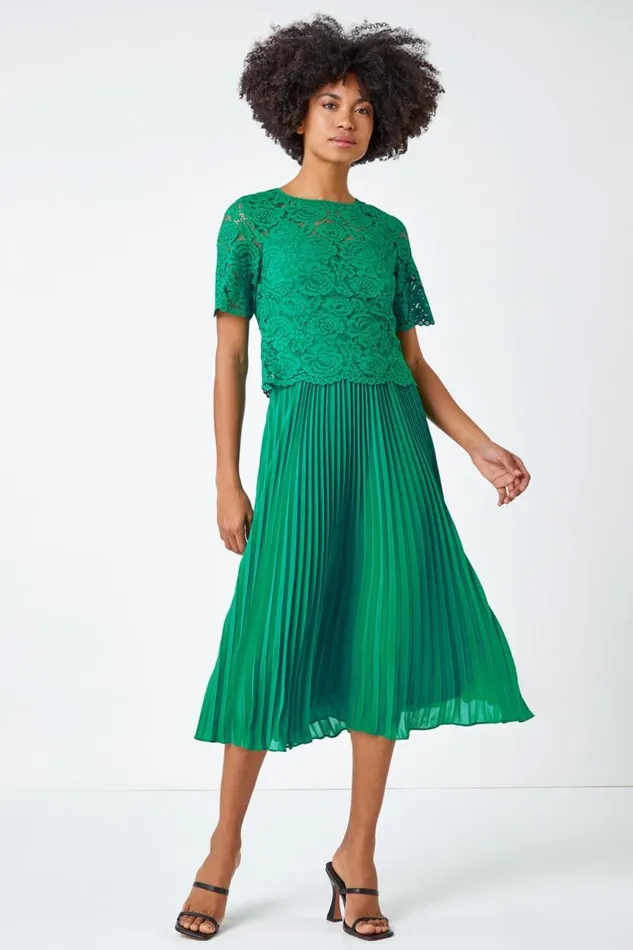 Women Emerald Lace Top Overlay Pleated Midi Dress Roman Dresses