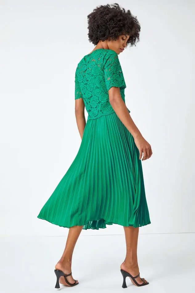 Women Emerald Lace Top Overlay Pleated Midi Dress Roman Dresses