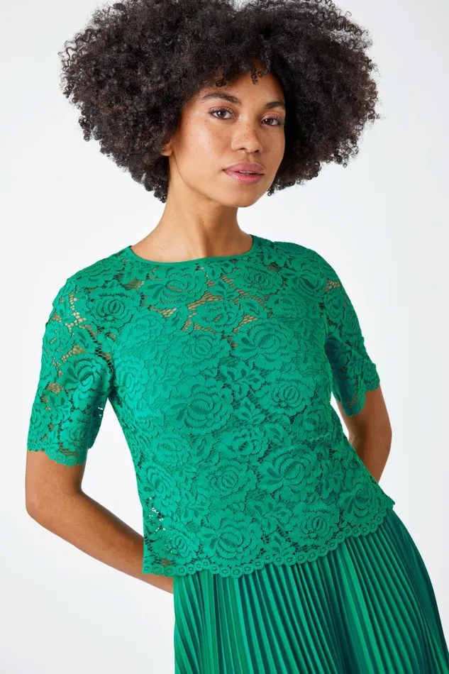 Women Emerald Lace Top Overlay Pleated Midi Dress Roman Dresses