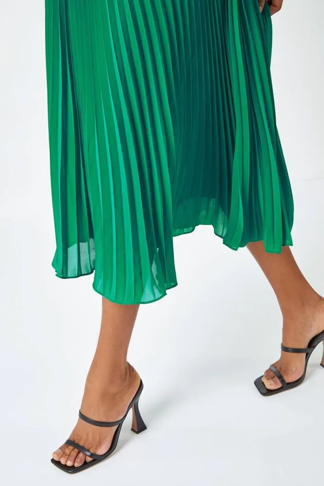 Women Emerald Lace Top Overlay Pleated Midi Dress Roman Dresses