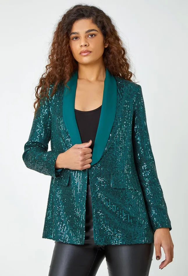Women Emerald Sequin Contrast Collar Blazer Roman Jackets