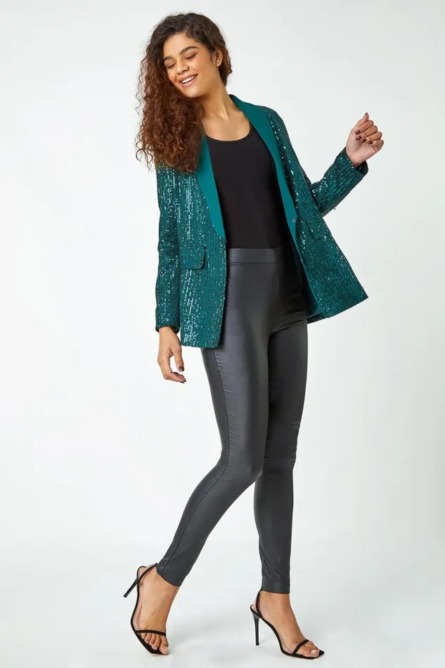 Women Emerald Sequin Contrast Collar Blazer Roman Jackets