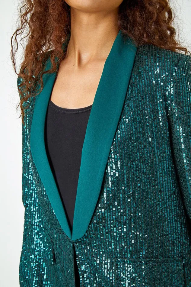 Women Emerald Sequin Contrast Collar Blazer Roman Jackets