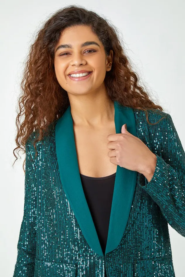 Women Emerald Sequin Contrast Collar Blazer Roman Jackets