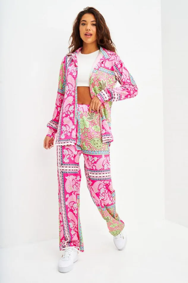 Women Ensemble 2 Pices Chemise Pantalon RoseVert Motif Baroque Et Paisley Pink Brentiny Paris Shirts and Blouses
