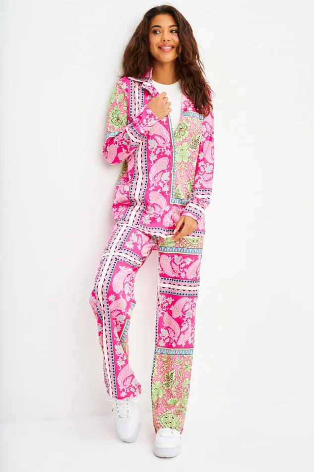Women Ensemble 2 Pices Chemise Pantalon RoseVert Motif Baroque Et Paisley Pink Brentiny Paris Shirts and Blouses