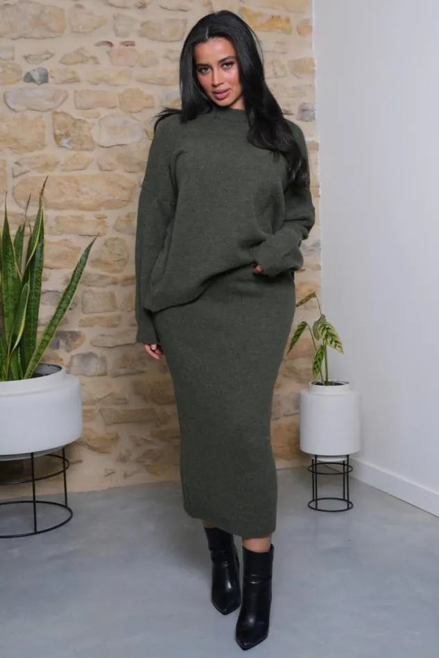 Women Ensemble 2 Pices Pull Jupe Kaki Texture Khaki Brentiny Paris White Tops