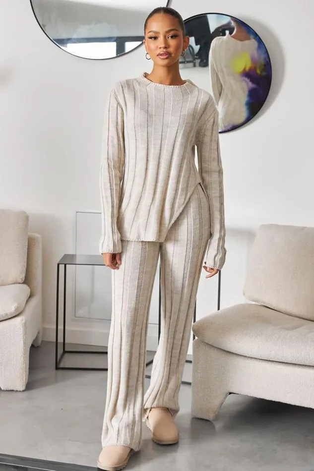 Women Ensemble 2 Pices Pull Pantalon En Maille Beige Beige Brentiny Paris White Tops