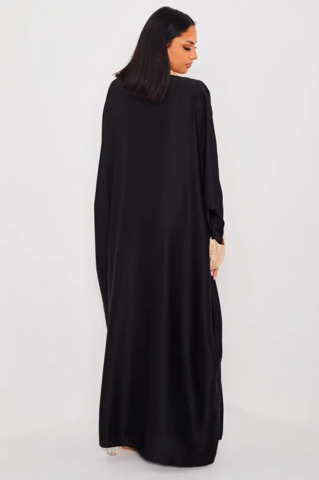 Women Ensemble 2 Pices Robe Kimono Noir Bandes Beige Black Brentiny Paris Collection Ramadan