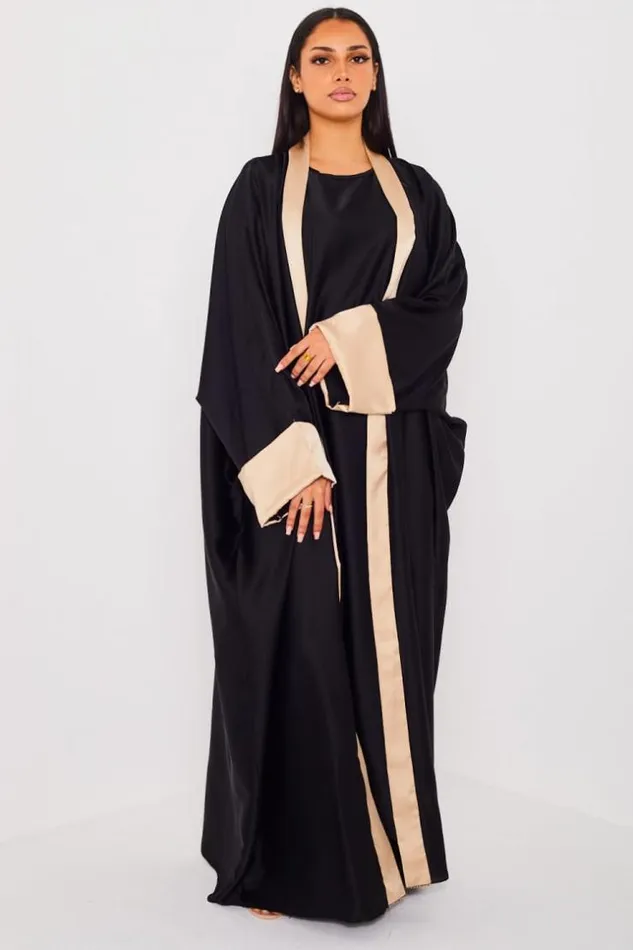 Women Ensemble 2 Pices Robe Kimono Noir Bandes Beige Black Brentiny Paris Collection Ramadan