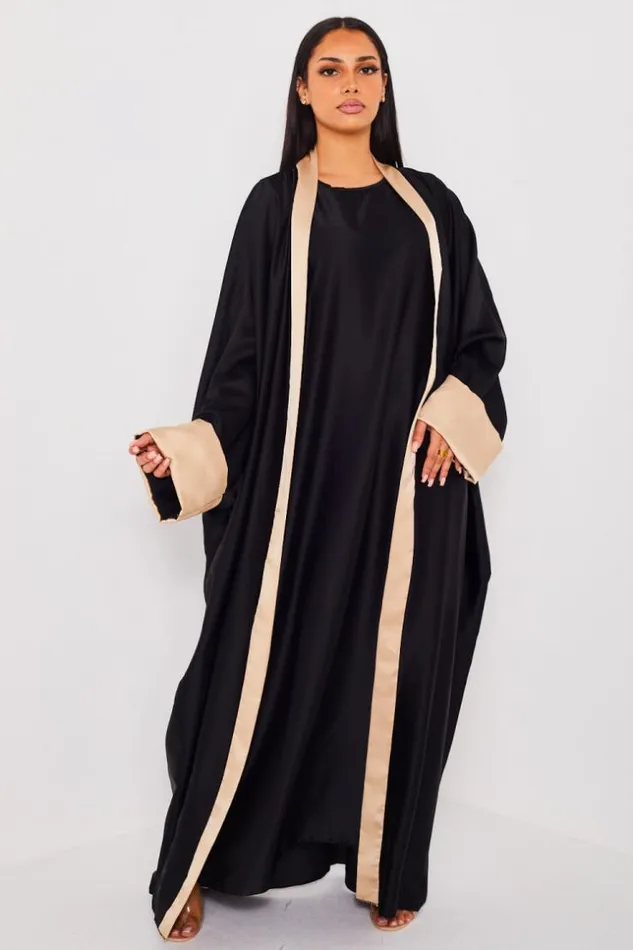 Women Ensemble 2 Pices Robe Kimono Noir Bandes Beige Black Brentiny Paris Collection Ramadan