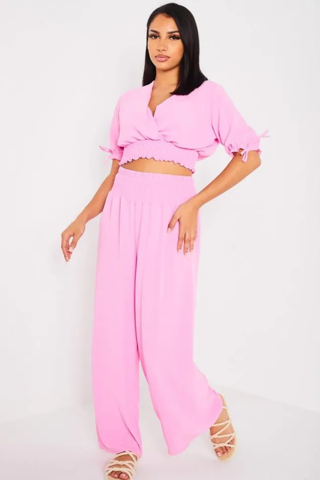 Women Ensemble 2 Pices Top Pantalon Rose Fluide Lightpink Brentiny Paris Crop Tops