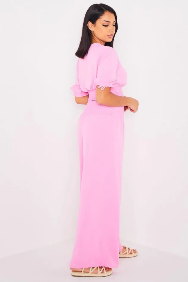 Women Ensemble 2 Pices Top Pantalon Rose Fluide Lightpink Brentiny Paris Crop Tops