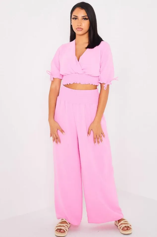 Women Ensemble 2 Pices Top Pantalon Rose Fluide Lightpink Brentiny Paris Crop Tops