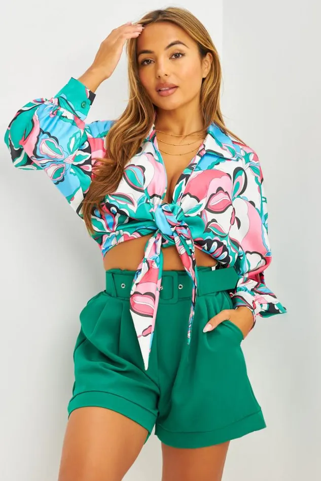 Women Ensemble Chemise Satine Crop Motifs Floraux Verte Short Vert Taille Haute Green Brentiny Paris Shirts and Blouses Women Ensemble Chemise Satine Crop Motifs Floraux Verte Short Vert Taille Haute Green Brentiny Paris Shirts and Blouses
