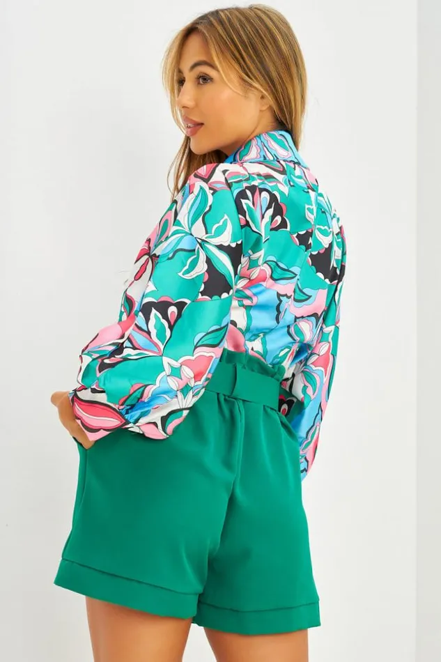 Women Ensemble Chemise Satine Crop Motifs Floraux Verte Short Vert Taille Haute Green Brentiny Paris Shirts and Blouses