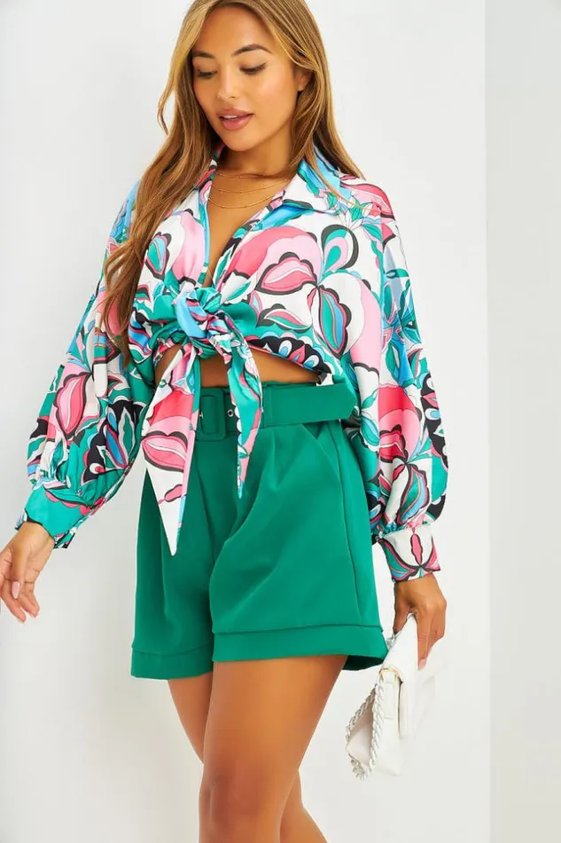 Women Ensemble Chemise Satine Crop Motifs Floraux Verte Short Vert Taille Haute Green Brentiny Paris Shirts and Blouses