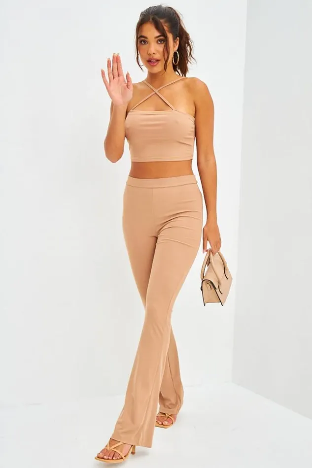 Women Ensemble Crop Top Crois Pantalon Ctel Beige Fonc Brentiny Paris Top And Tank Tops