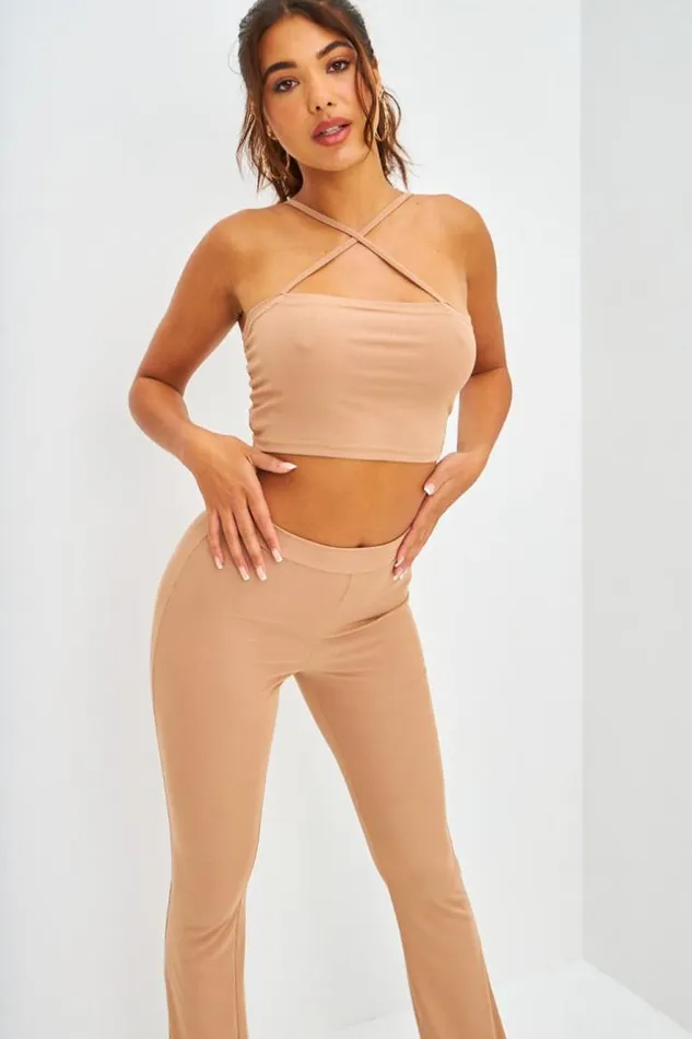 Women Ensemble Crop Top Crois Pantalon Ctel Beige Fonc Brentiny Paris Top And Tank Tops